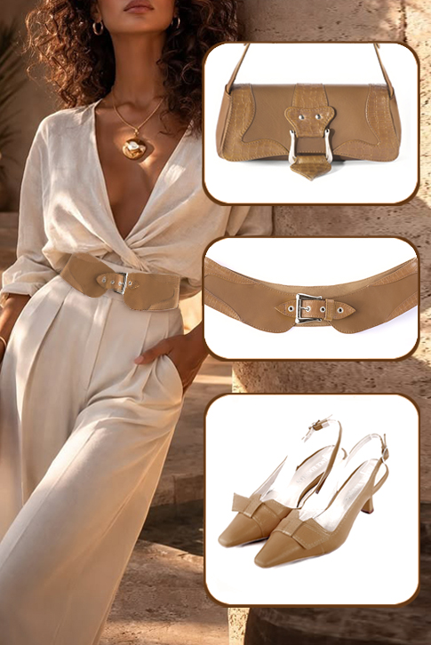 Women's camel beige elegant slingback heels, with a bow on the front. Tapered toe. Medium spool heels - Top view